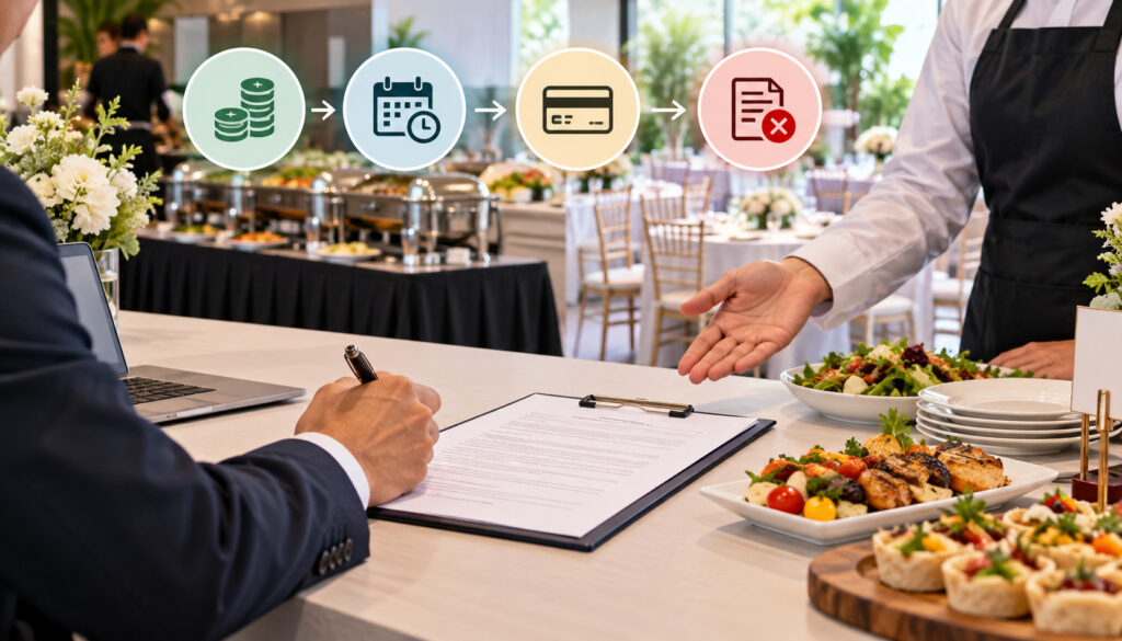 Catering contract with deposit, payment schedule, and cancellation icons