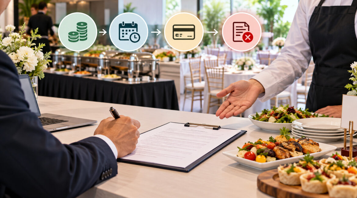 Catering contract with deposit, payment schedule, and cancellation icons