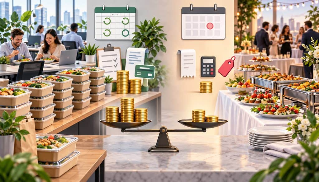 Standing orders vs one-off catering pricing comparison with recurring meals and event buffet