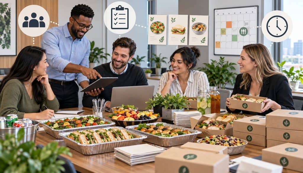 Office team planning weekly catered lunches with menu options, headcount, and scheduling icons